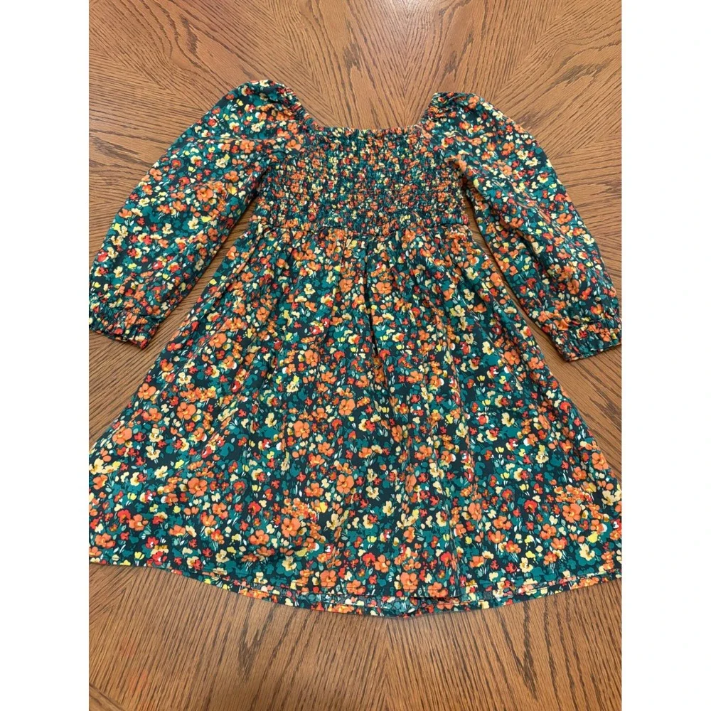 Crewcuts J.Crew Girls Smocked Floral Dress Long Sleeve Size 5 Teal Orange Fall‎